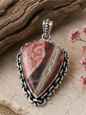 Artisan Pink and Gray Teardrop Rhodochrosite Pendant Necklace